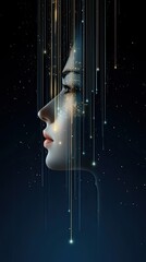 Poster - An elegant AI robot in profile features glowing data streams and circuit patterns amidst digital symbols of intelligence