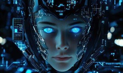 Poster - Futuristic cybernetic face with glowing blue eyes, intricate digital circuitry, and advanced technology background