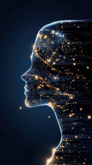 Poster - An elegant AI robot in profile features glowing data streams and circuit patterns amidst digital symbols of intelligence