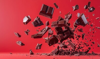 Poster - Exploding Dark Chocolate Pieces in Mid-Air Against Red Background, Captivating Motion and Texture
