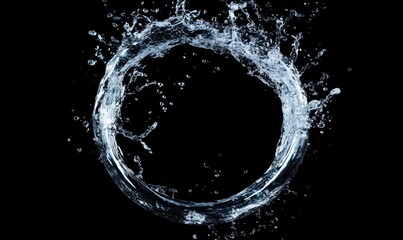 Poster - Water splash forming circular shape against black background, dynamic motion captured in high detail, showcasing fluidity and elegance