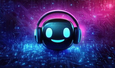 Poster - Smiling robotic face with headphones against vibrant circuit board background, showcasing technology and music integration