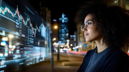 Poster - Close-up view of a focused individual analyzing stock market charts illuminated by dim room lighting.