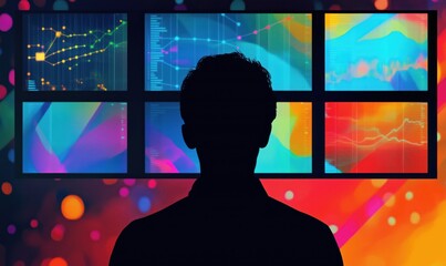 Poster - Data visualization analysis with colorful graphs and charts, silhouette of a person observing multiple screens displaying complex data patterns and trends