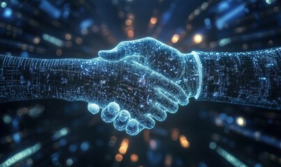 Poster - digital handshake symbolizing partnership between technology and humanity, showcasing futuristic hol