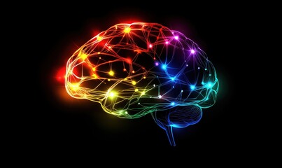 Poster - colorful neural network representation of human brain with glowing connections and nodes, showcasing