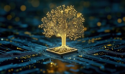 Poster - digital tree symbolizing growth and technology, illuminated with glowing circuits on a microchip bac