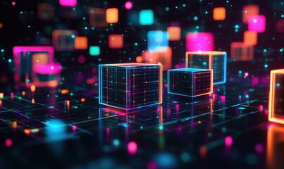 Poster - vibrant digital cubes glowing in neon colors, surrounded by a dynamic background of colorful lights 