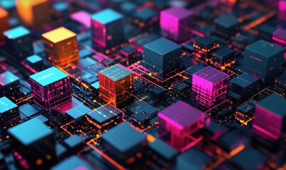Poster - futuristic digital landscape with glowing cubes and circuits, showcasing vibrant colors and intricat
