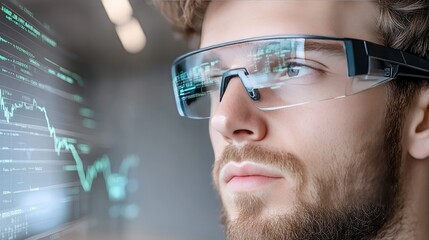 Poster - Close-up view of a focused individual analyzing stock market charts illuminated by dim room lighting