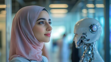 Sticker - Woman in headscarf observes robotic head.