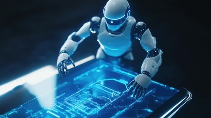 Fototapete - A futuristic robot interacting with a holographic interface displaying digital information.