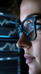 Poster - Close-up view of a focused individual analyzing stock market charts illuminated by dim room lighting