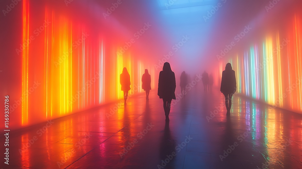 people walking through a room with brightly colored lights, misty neon lights, soft neon atmosphere