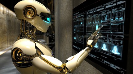 Aufkleber - A futuristic robot interacting with a digital display, analyzing data.