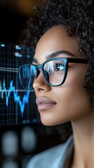 Poster - Close-up view of a focused individual analyzing stock market charts illuminated by dim room lighting