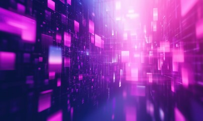 Poster - Abstract digital landscape with vibrant pink and blue glowing squares, creating a futuristic atmosphere and depth perception