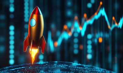 Poster - rocket launching with data visualization background, symbolizing growth and innovation in technology