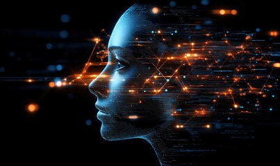 Poster - Digital human profile with glowing neural connections and data streams, representing artificial intelligence and technology integration