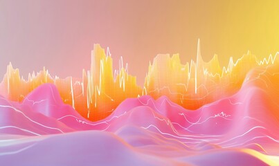 Poster - Abstract digital landscape visualization with vibrant pink and orange gradients, showcasing intricate waveforms and peaks against a soft background