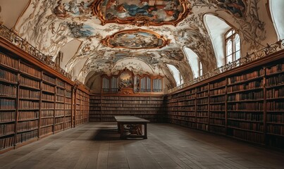 Poster - Ornate library,  bookshelves, painted ceiling, pipe organ.