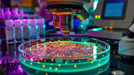 Poster - Brightly colored samples are observed under a microscope in a lab dedicated to stem cell research. Researchers analyze cellular patterns to drive medical advancements and discoveries.