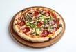 © ANUAR - Deliciously Fresh Pepperoni Pizza Loaded with Mushrooms and Green Peppers on Wooden Pizza Board Isolated on White Background