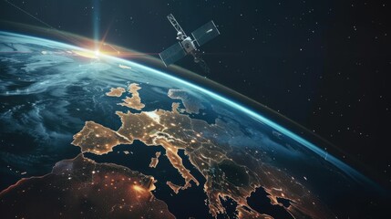 Poster - telecommunication satellite providing global internet network and high speed data communication abov