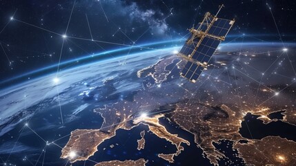 Poster - Telecommunication satellite providing global internet network and high speed data communication above Europe. Satellite in space, low Earth orbit. Worldwide data communication technology