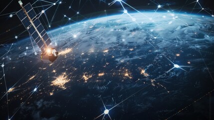Poster - Telecommunication technology network around Earth for internet, 5G cellular data connection, blockchain, IoT, world finance or smart cities. Global satellite communications, space