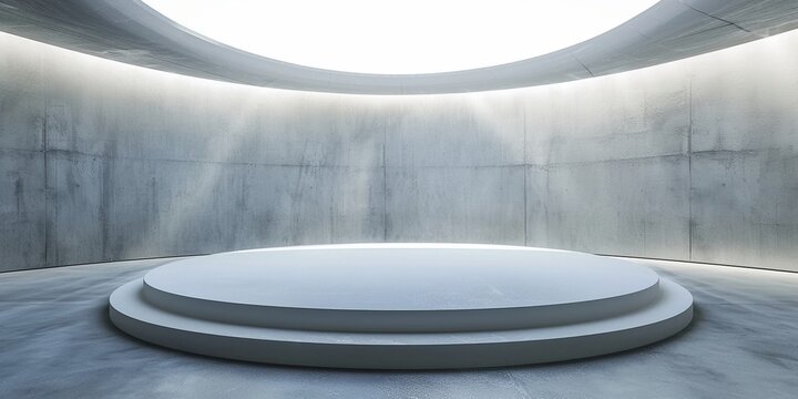 Minimalist Modern Interior with Circular Elevated Platform and Warm Beige Curved Walls