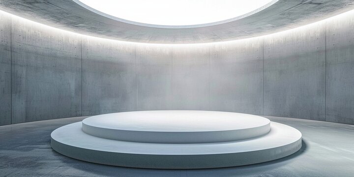 Minimalist Modern Interior with Circular Elevated Platform and Warm Beige Curved Walls
