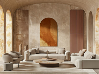 Poster - richly designed luxury living room with warm brown and beige tones, featuring light gray lounge furniture and an empty microcement background for art, creating a mockup room suitable for an office