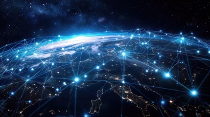 Poster - Telecommunication technology network around Earth for internet, 5G cellular data connection, blockchain, IoT, world finance or smart cities. Global satellite communications, space