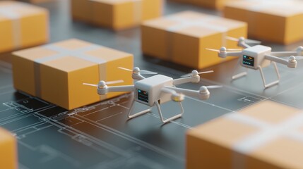 Poster - A close-up view of drones positioned among yellow packages, showcasing modern logistics and delivery technology in action.