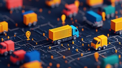 Poster - A colorful, digital representation of trucks navigating a network, highlighting logistics, transportation, and location markers.