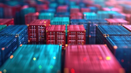 Poster - Abstract image of colorful shipping containers stacked closely together, showcasing a vibrant pattern that highlights logistics and trade.