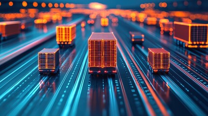 Poster - A futuristic scene with glowing cargo trucks on illuminated roads, symbolizing advanced logistics and transport technology.