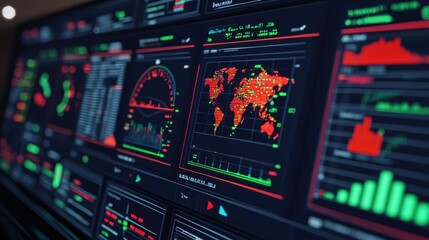 Poster - A digital dashboard displaying various data visualizations, maps, and graphs, focusing on global statistics and metrics with a high-tech design.