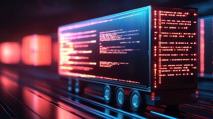 Poster - A futuristic freight container illuminated with neon lights, displaying digital code, symbolizing technology and transport.
