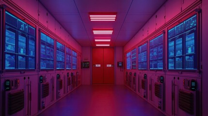 Poster - A futuristic server room illuminated with vibrant pink and blue lights, featuring rows of technological equipment and a striking red door at the end.