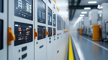 Poster - A modern industrial setting featuring control panels lined up in a sleek corridor, showcasing advanced technology and digital interfaces.