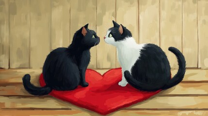 Two cats sitting on a heart shaped red mat