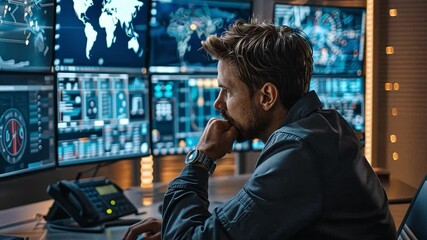 Aufkleber - A focused individual analyzes complex artificial intelligence data in a modern control room filled with high-resolution screens.