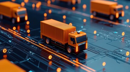 Poster - A vibrant scene of miniature trucks navigating a digital landscape, symbolizing the intersection of logistics and technology.