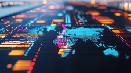 Poster - A vibrant digital representation of a world map, showcasing data points and patterns in neon colors against a dark background.