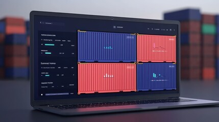 Poster - A laptop displaying a logistics dashboard with colorful shipping containers, showcasing data visualization in a modern workspace.