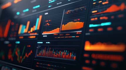 Poster - A vibrant data visualization dashboard displaying various graphs and charts, emphasizing trends in orange and blue hues.