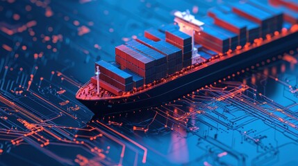 Poster - A futuristic cargo ship navigates a digital landscape, symbolizing the intersection of shipping and technology.