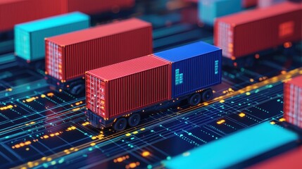Poster - A vibrant digital representation of cargo containers on a futuristic grid, symbolizing logistics, technology, and transportation innovation.